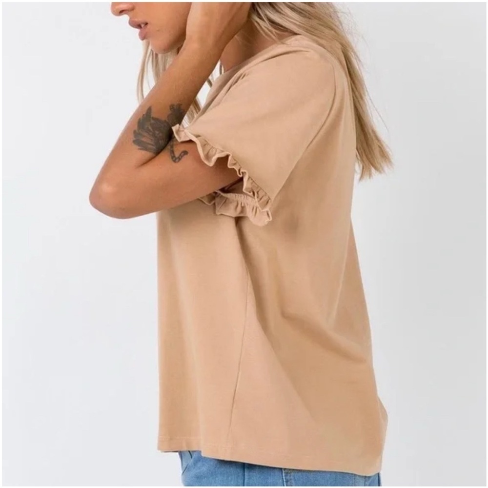 Princess Polly Roxy Ruffle Sleeve Top Feminine Minimalist Capsule Tan Size 4 - Picture 2 of 10